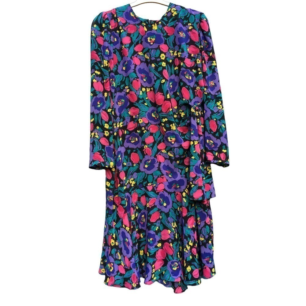 Vintage 80s Women Floral Print Long Sleeves Midi Items Dress Size 10